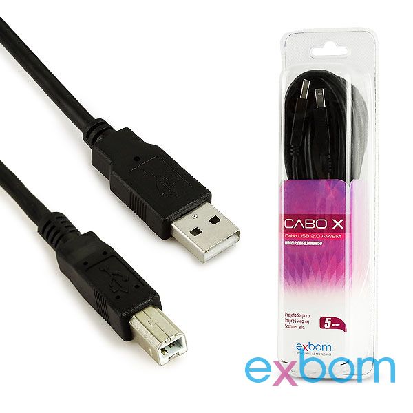 CaboX- Cabo impressora USB 2.0/AM+BM/OD4.8/5 metros com Filtro Blister Exbom